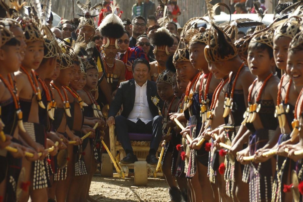 Jacob Zhimomi, Minister of PHED & Cooperation given a warm welcome to the inaugural of Poanglum celebration at Sejung Ground in Tuensang village on January 10. (Morung Photo)